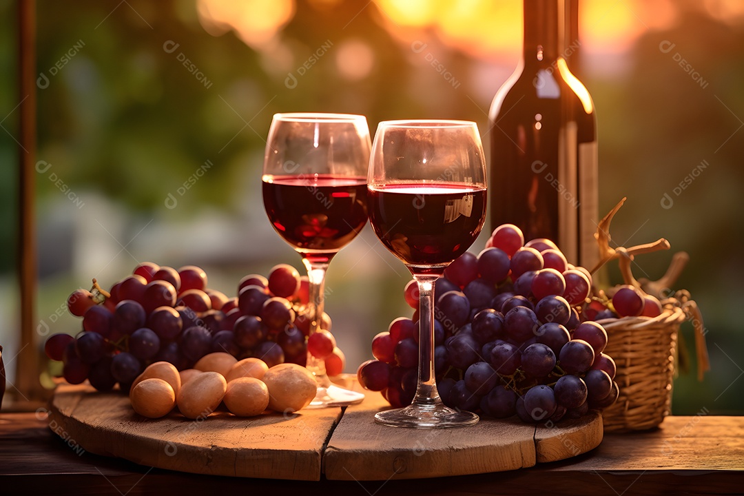 Garrafa e taças de vinho sobre a mesa de madeira