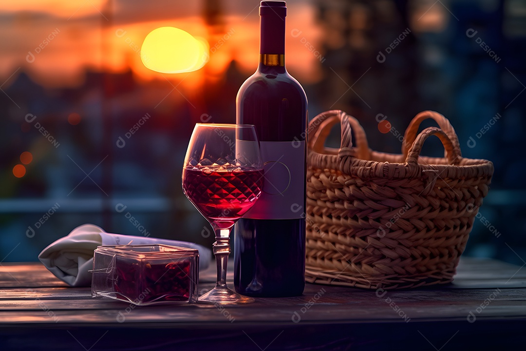 Garrafa e taças de vinho sobre a mesa de madeira