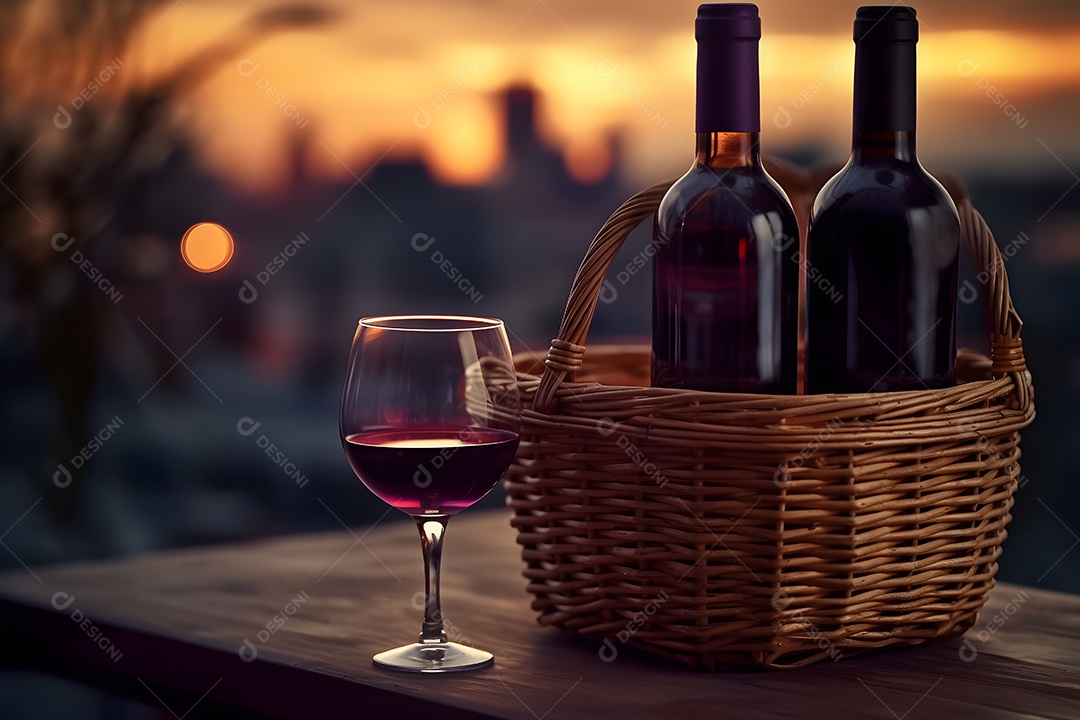 Garrafa e taças de vinho sobre a mesa de madeira