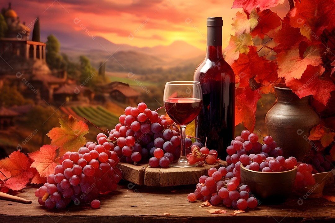 Garrafa e taças de vinho sobre a mesa de madeira