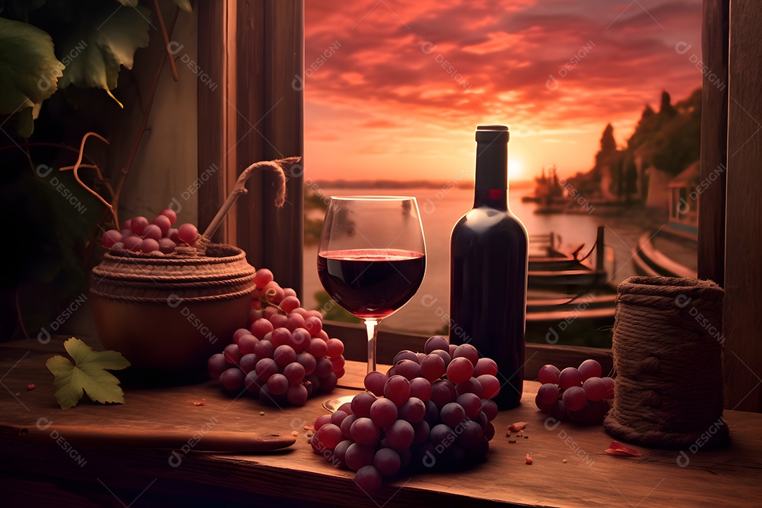 Garrafa e taça de vinho com cachos de uvas sobre e mesa de madeira