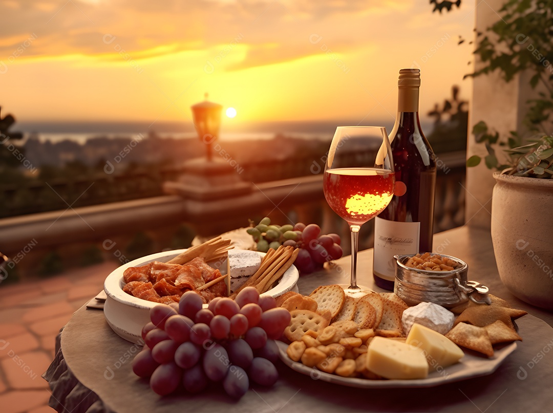 Garrafa e taça de vinho com cachos de uvas e petiscos sobre e mesa de madeira