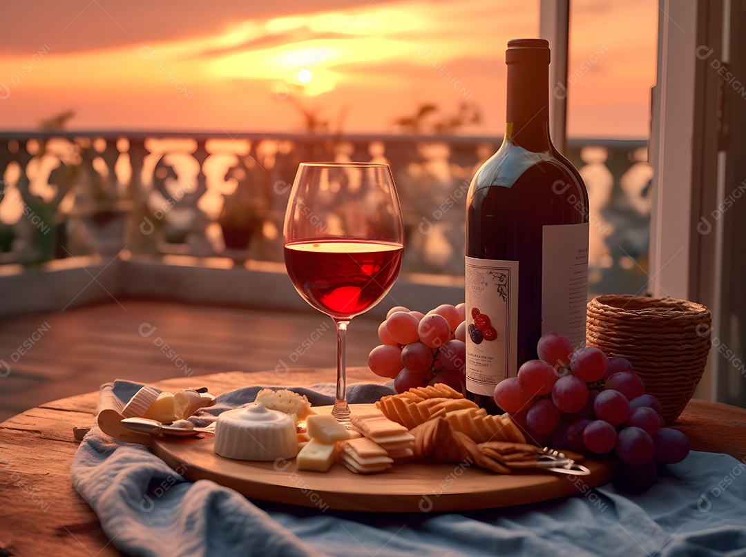 Garrafa e taça de vinho com cachos de uvas e petiscos sobre e mesa de madeira