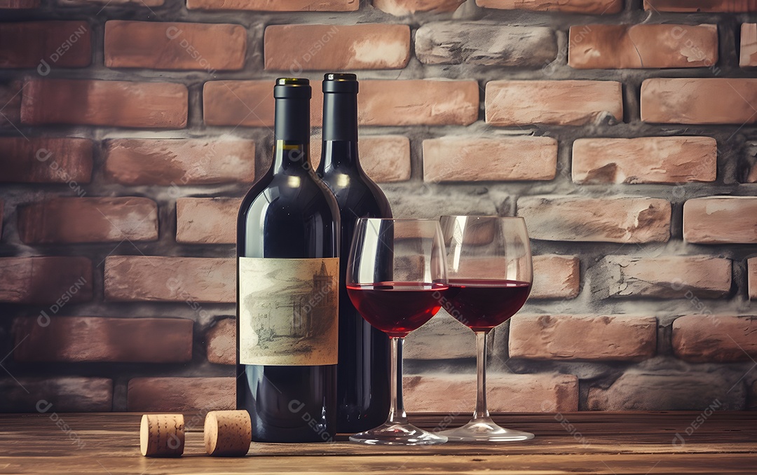 Garrafa e taça de vinho sobre a mesa de madeira