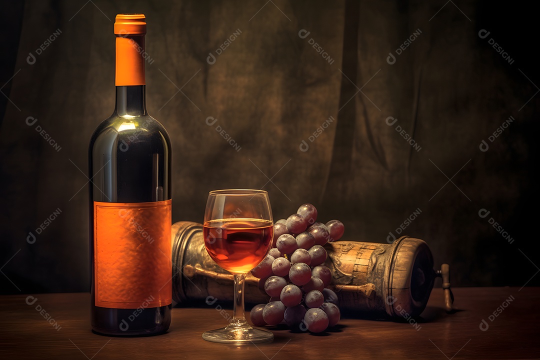 Garrafa e taça de vinho sobre a mesa de madeira