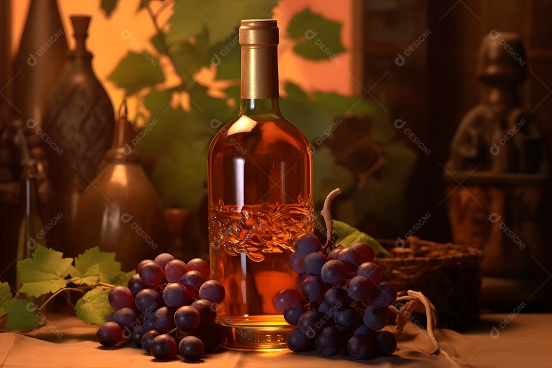 Garrafa e taça de vinho sobre a mesa de madeira