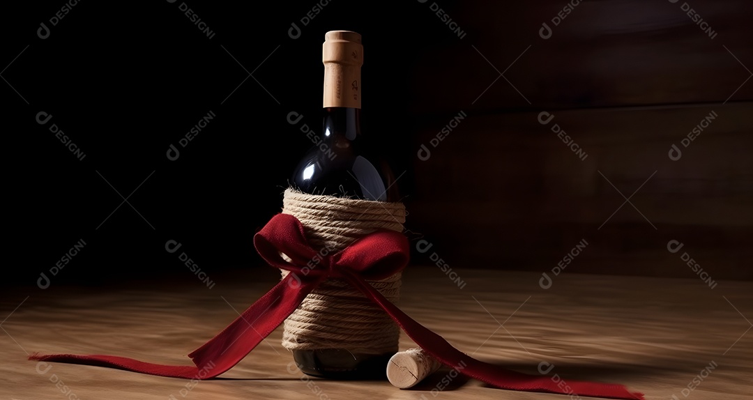Garrafa de vinho com laço vermelho para presente