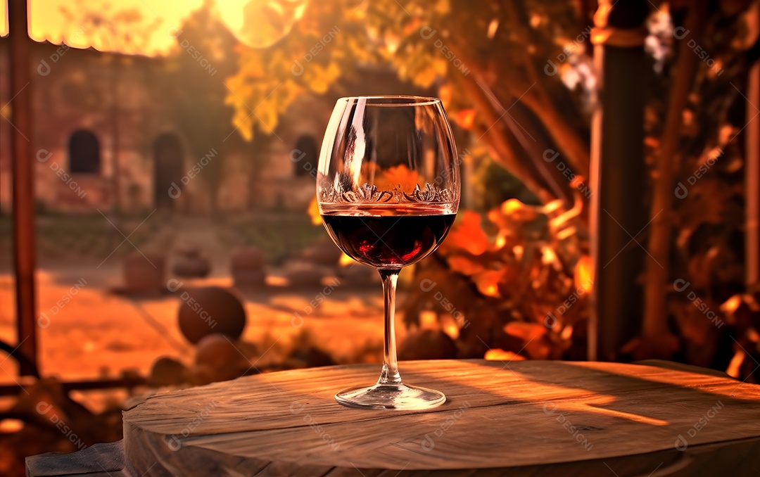 Taça de vinho sobre a mesa de madeira