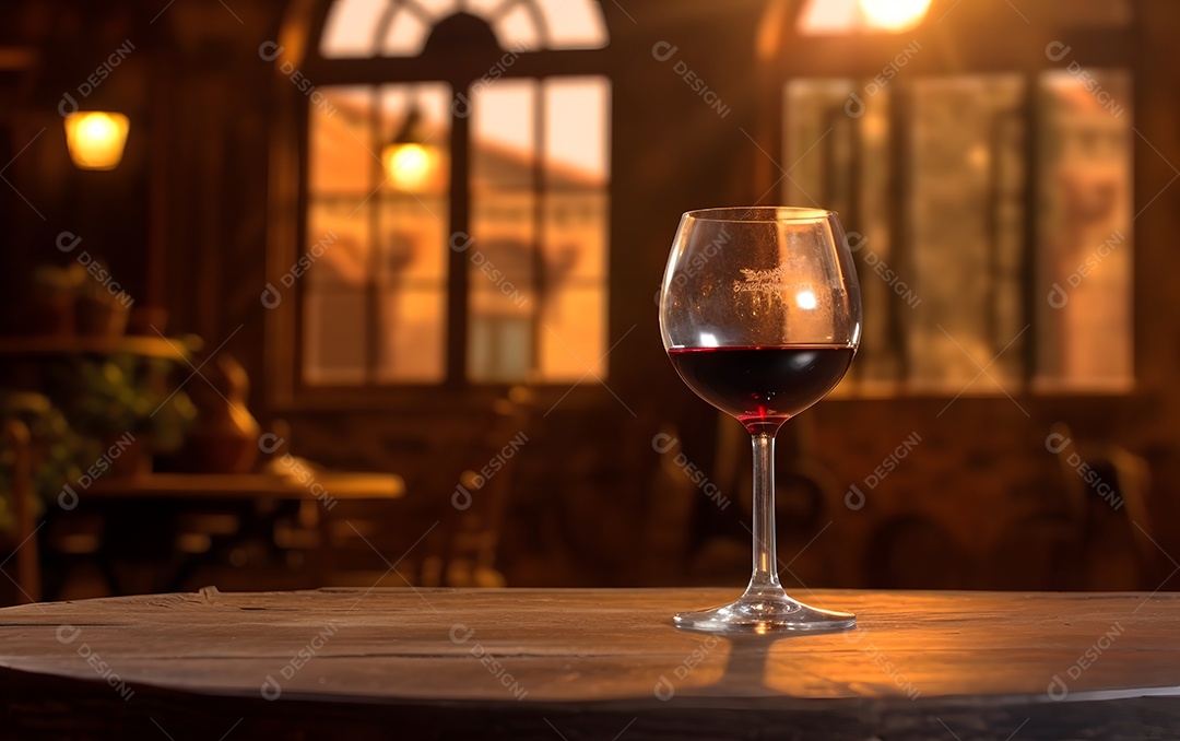 Taça de vinho sobre a mesa de madeira