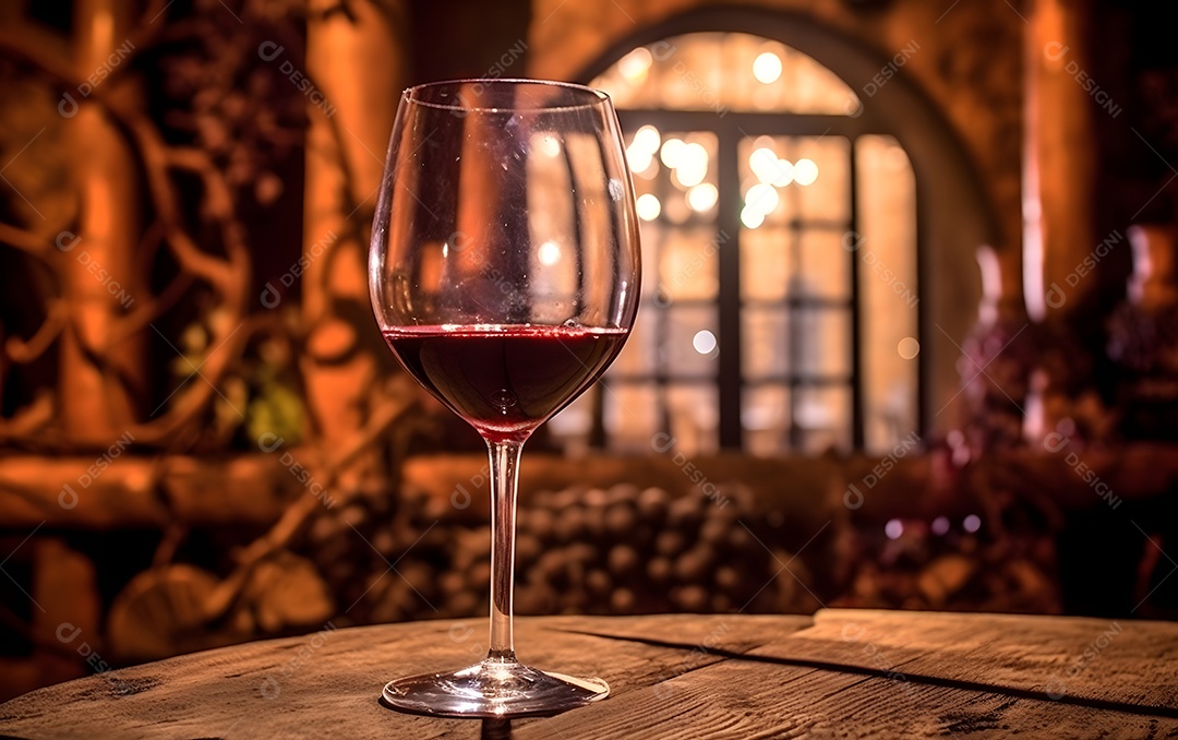 Taça de vinho sobre mesa de madeira