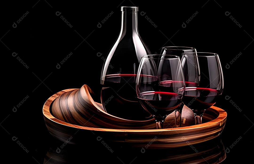 Garrafa e taça de vinho sobre barril de madeira