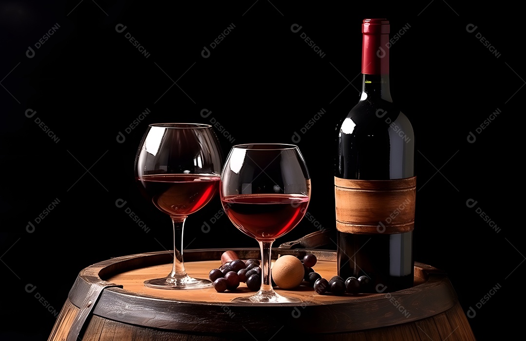 Garrafas e taça de vinho tinto sobre barril de madeira