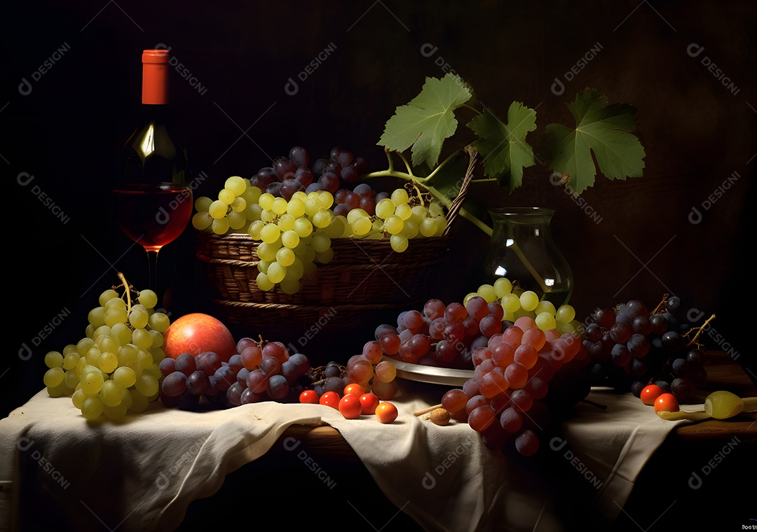 Garrafa e vinho e cachos de uvas sobre e mesa de madeira