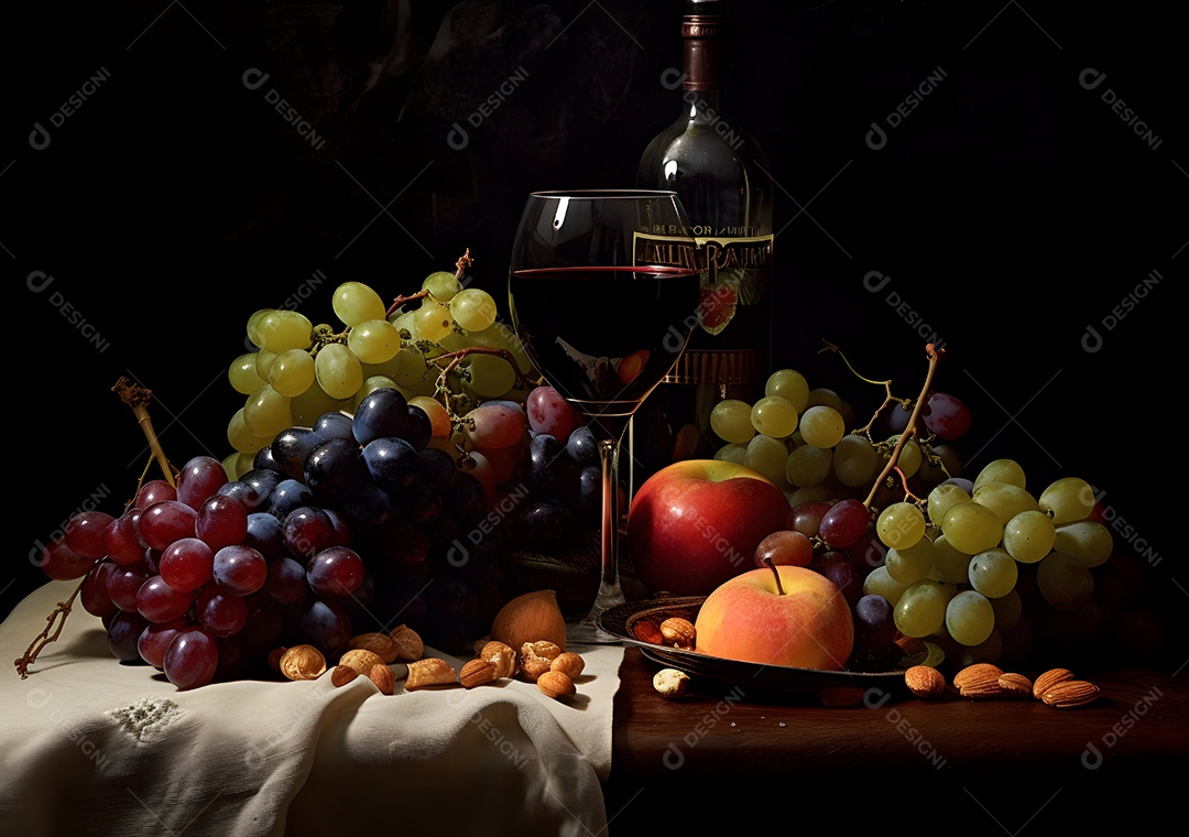 Garrafa e vinho e cachos de uvas sobre e mesa de madeira