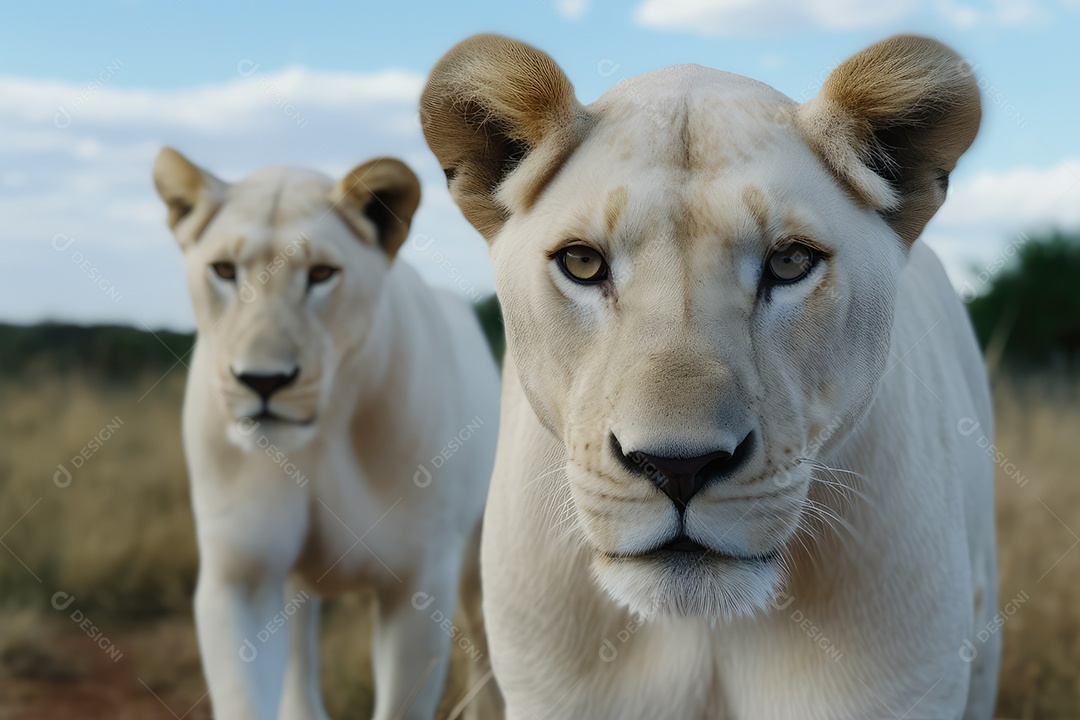Leoas olhando para a câmera fundo bonito fundo de savana gerado por IA