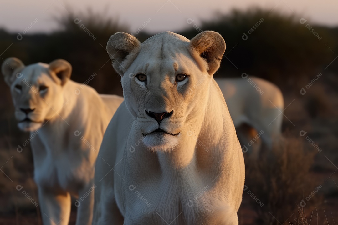 Leoas olhando para a câmera fundo bonito fundo de savana gerado por IA