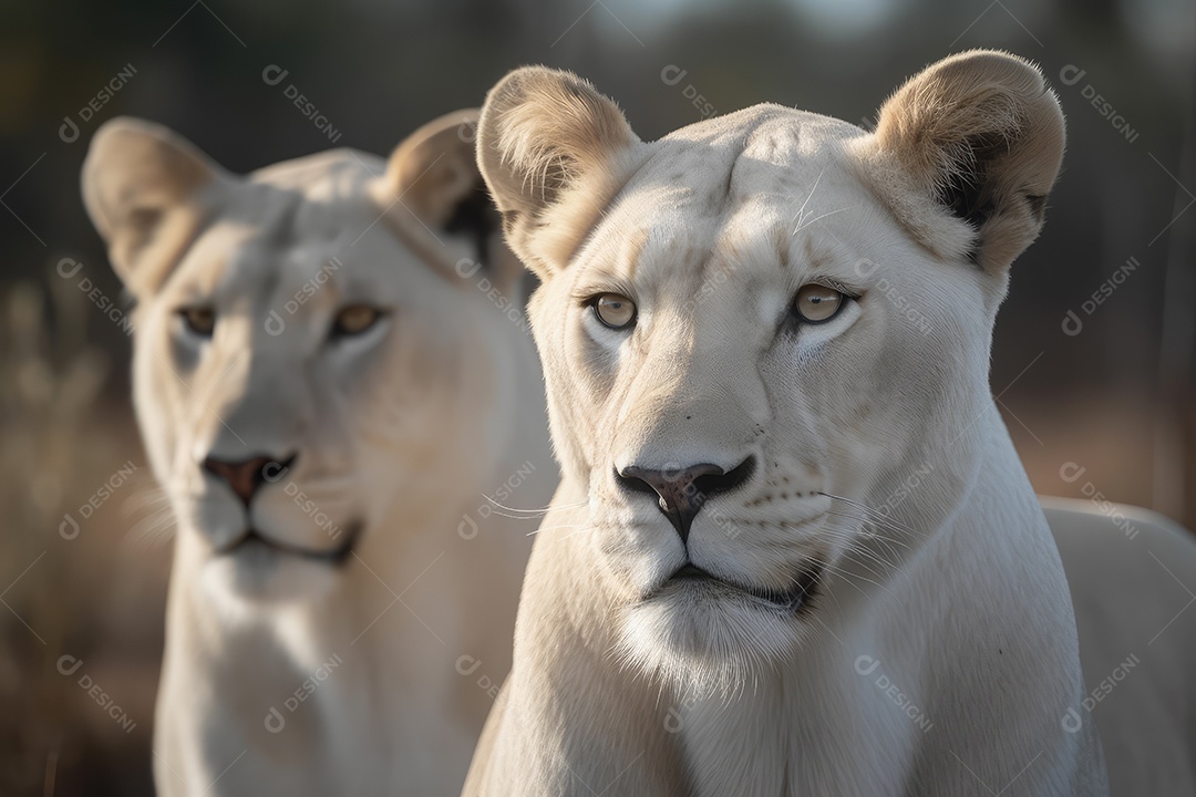 Leoas olhando para a câmera fundo bonito fundo de savana gerado por IA