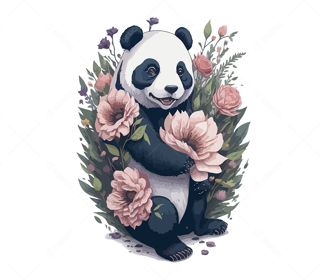 Ilustração 3D Urso Panda Com Flores EPS Editável