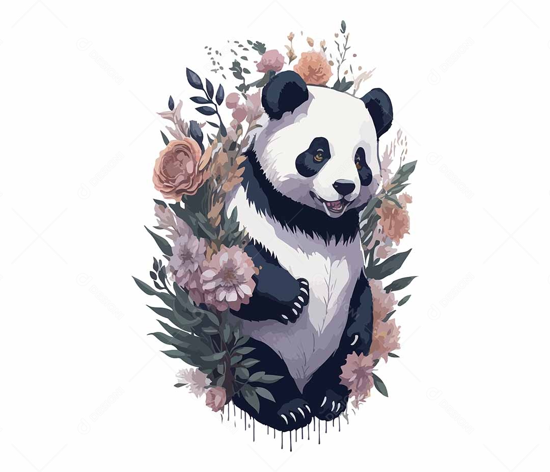 Ilustração 3D Urso Panda Com Flores EPS Editável