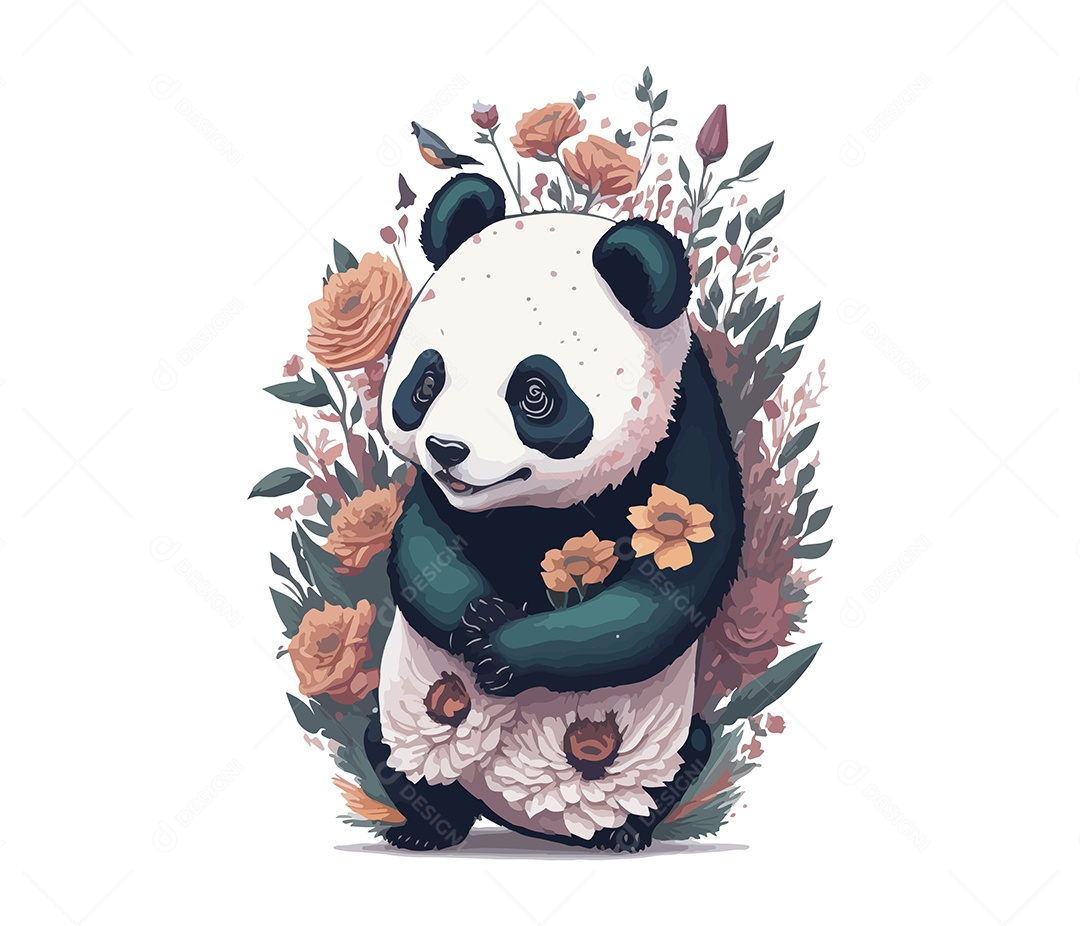 Ilustração 3D Urso Panda Com Flores EPS Editável
