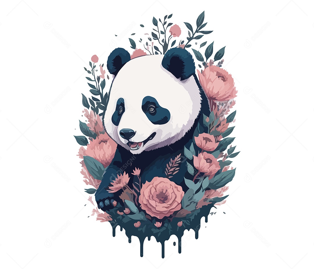 Ilustração 3D Urso Panda Com Flores EPS Editável