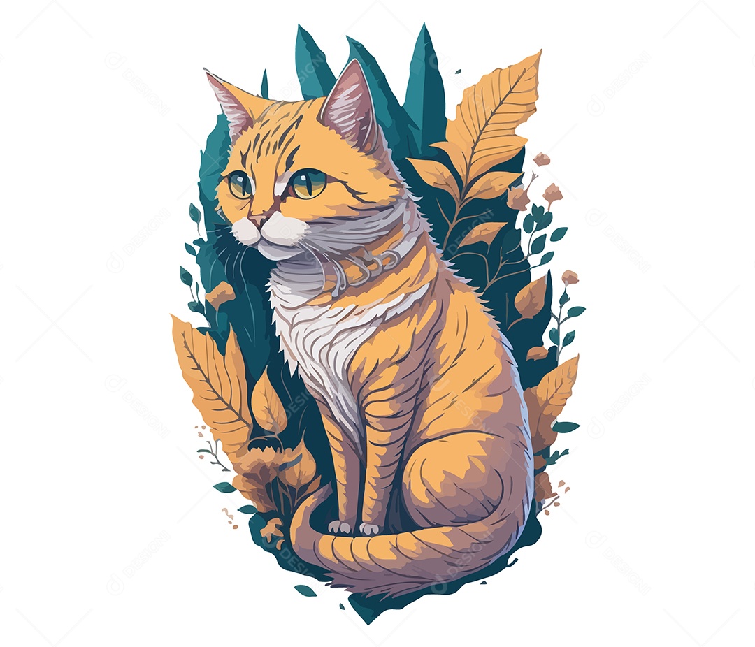 Ilustração 3D Gato Sentado Com Folhas EPS Editável