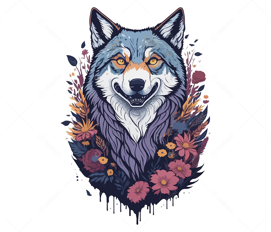 Mascote 3D Lobo Com Flores EPS Editável