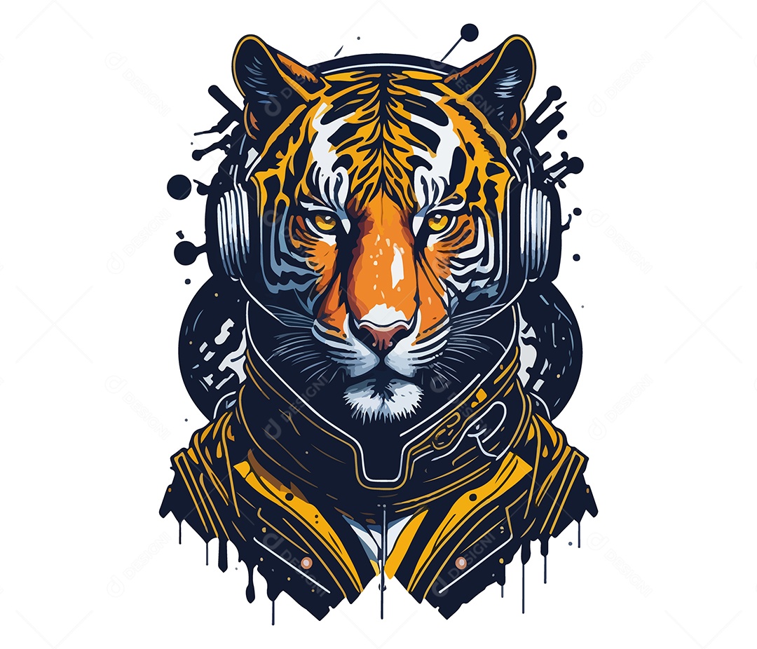 Mascote 3D Tigre Com Fone De Ouvido EPS Editável