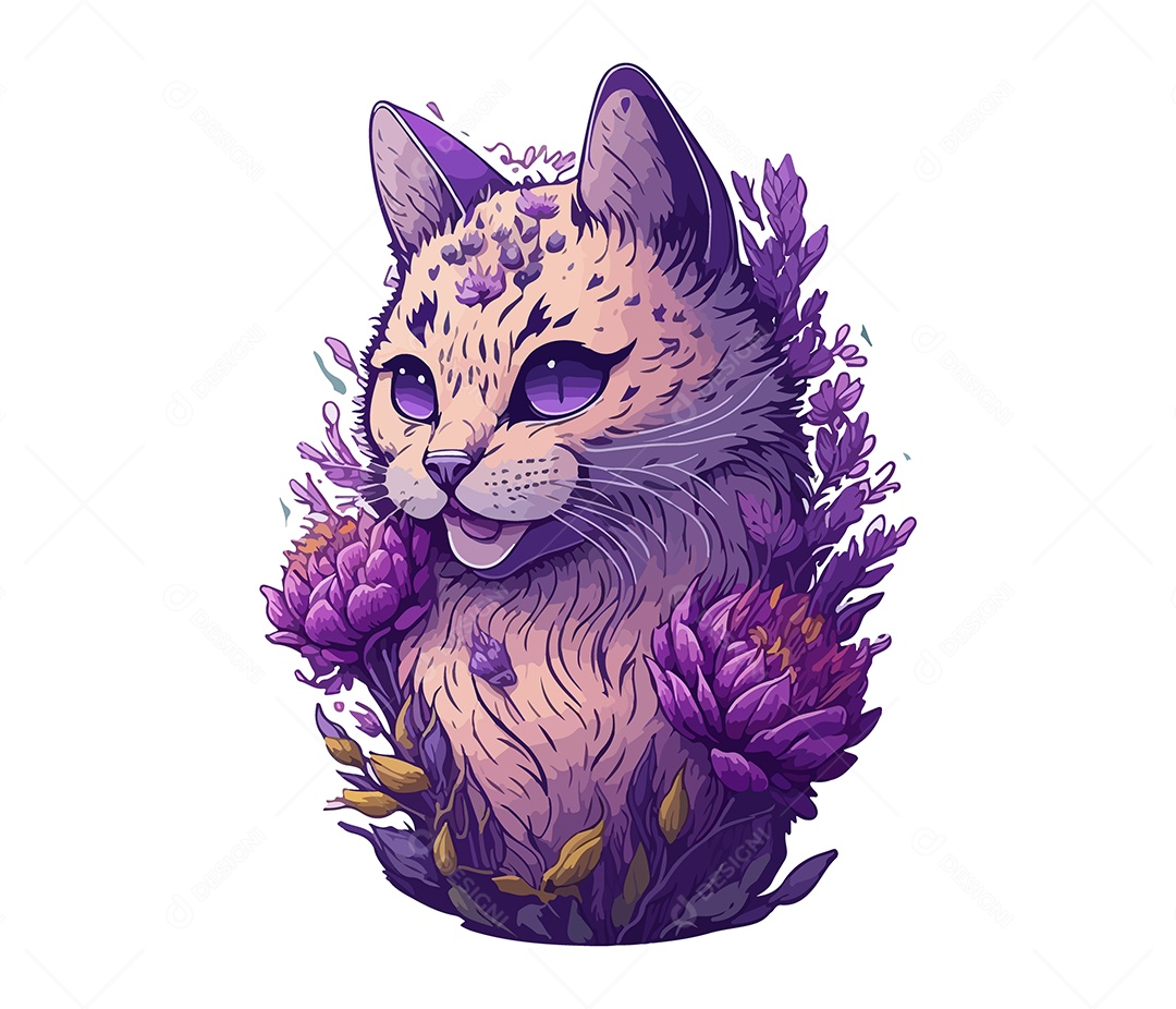 Ilustração 3D Gato Com Flores Roxas EPS Editável