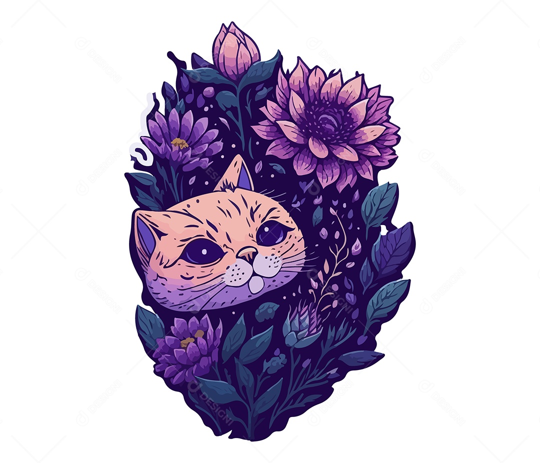 Ilustração 3D Gato Com Flores Roxas EPS Editável