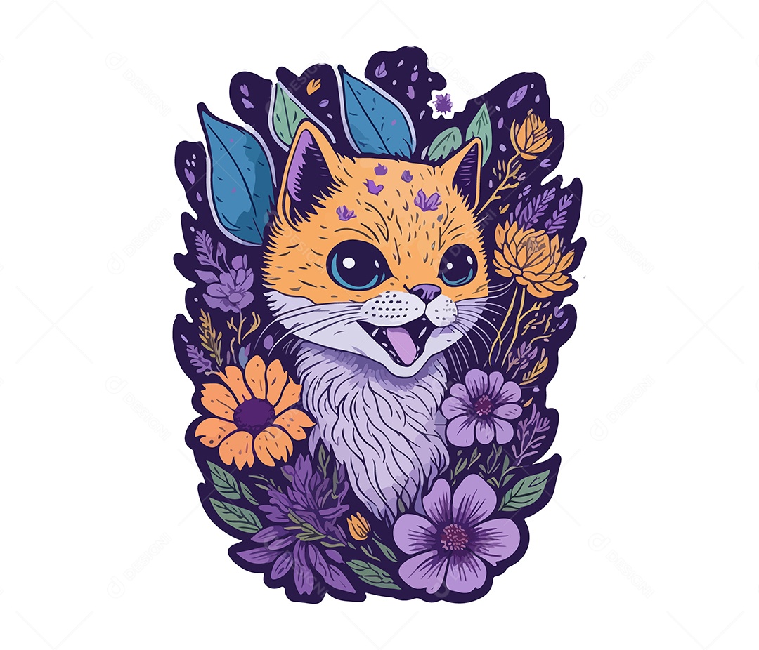 Ilustração 3D Gato Com Flores EPS Editável