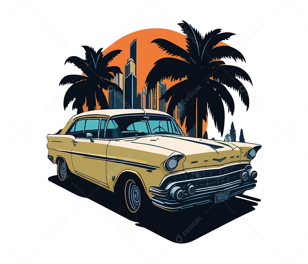 Ilustração 3D Carro Amarelo Palmeiras EPS Editável