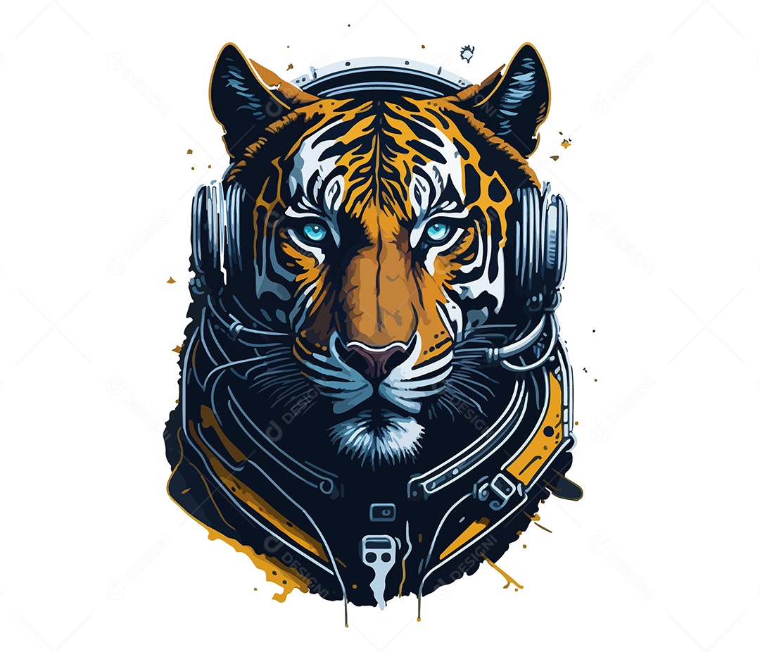 Mascote 3D Tigre Com Fone De Ouvido EPS Editável