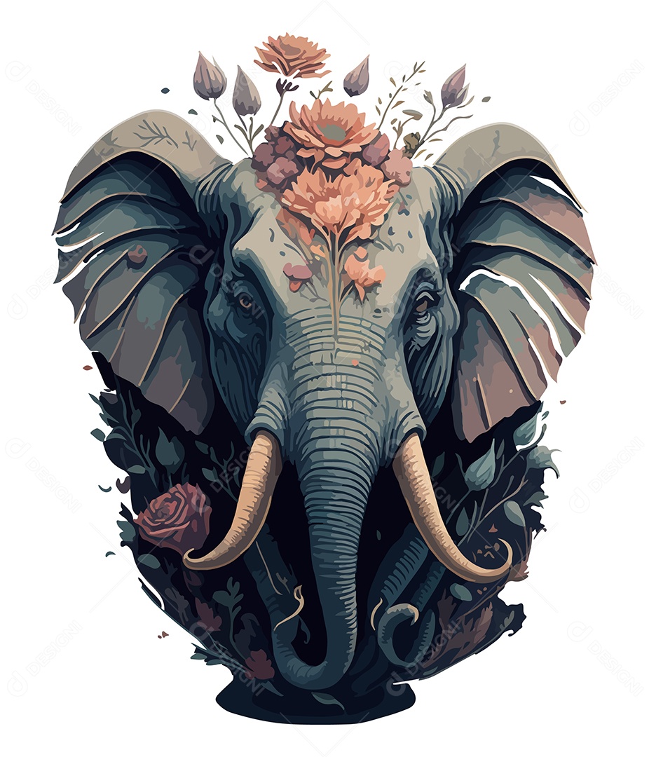 Ilustração 3D Elefante Com Flores EPS Editável