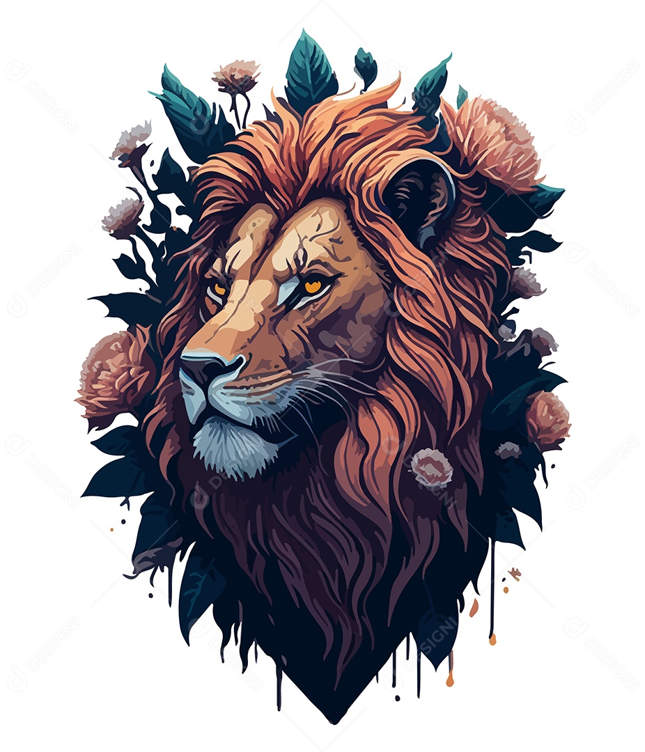 Ilustração 3D Leão Com Flores EPS Editável