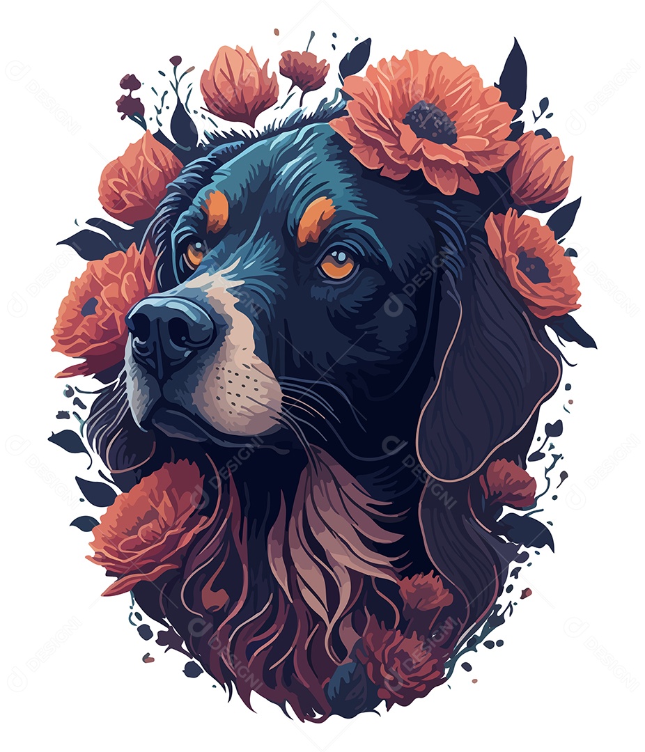 Ilustração 3D Cachorro Com Flores EPS Editável