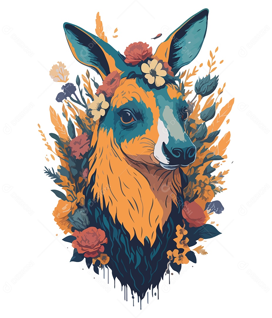 Ilustração 3D Cervo Com Flores EPS Editável