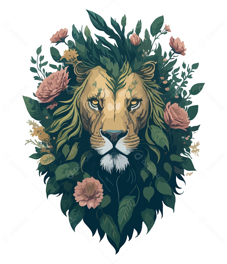 Ilustração 3D Leão Com Flores EPS Editável