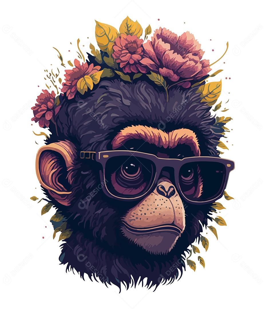 Ilustração 3D Macaco Com Óculos e Flores EPS Editável