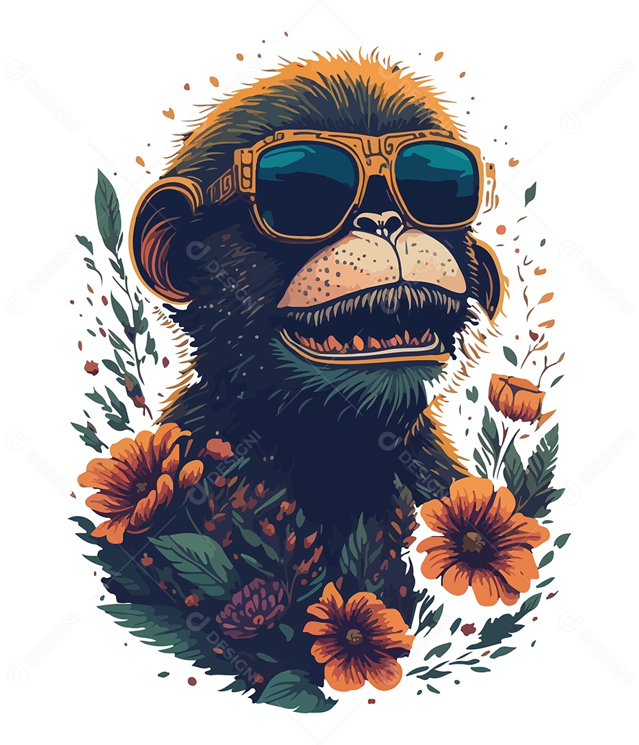 Ilustração 3D Macaco Com Óculos e Flores EPS Editável