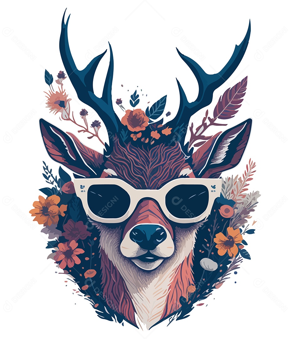 Ilustração 3D Cervo Com Óculos e Flores EPS Editável