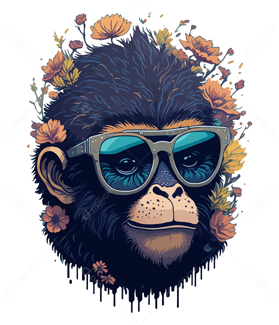 Ilustração 3D Macaco Com Óculos e Flores EPS Editável