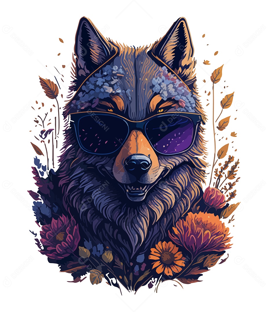 Ilustração 3D Lobo Com Óculos e Flores EPS Editável