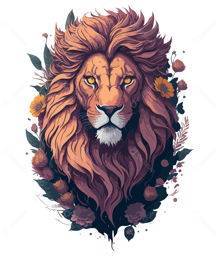 Ilustração 3D Leão Com Flores EPS Editável