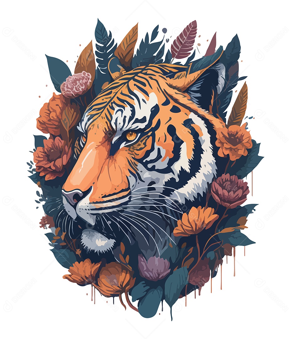 Ilustração 3D Tigre Com Flores EPS Editável