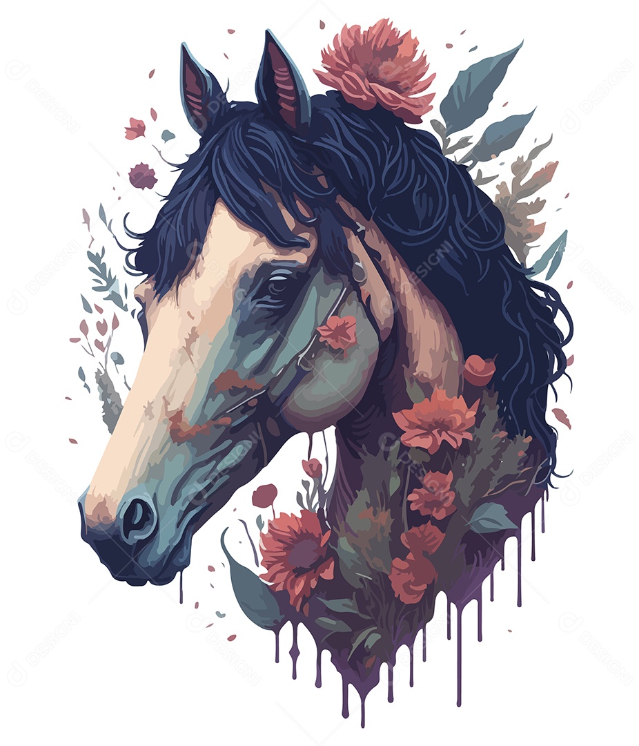 Ilustração 3D Cavalo Com Flores EPS Editável
