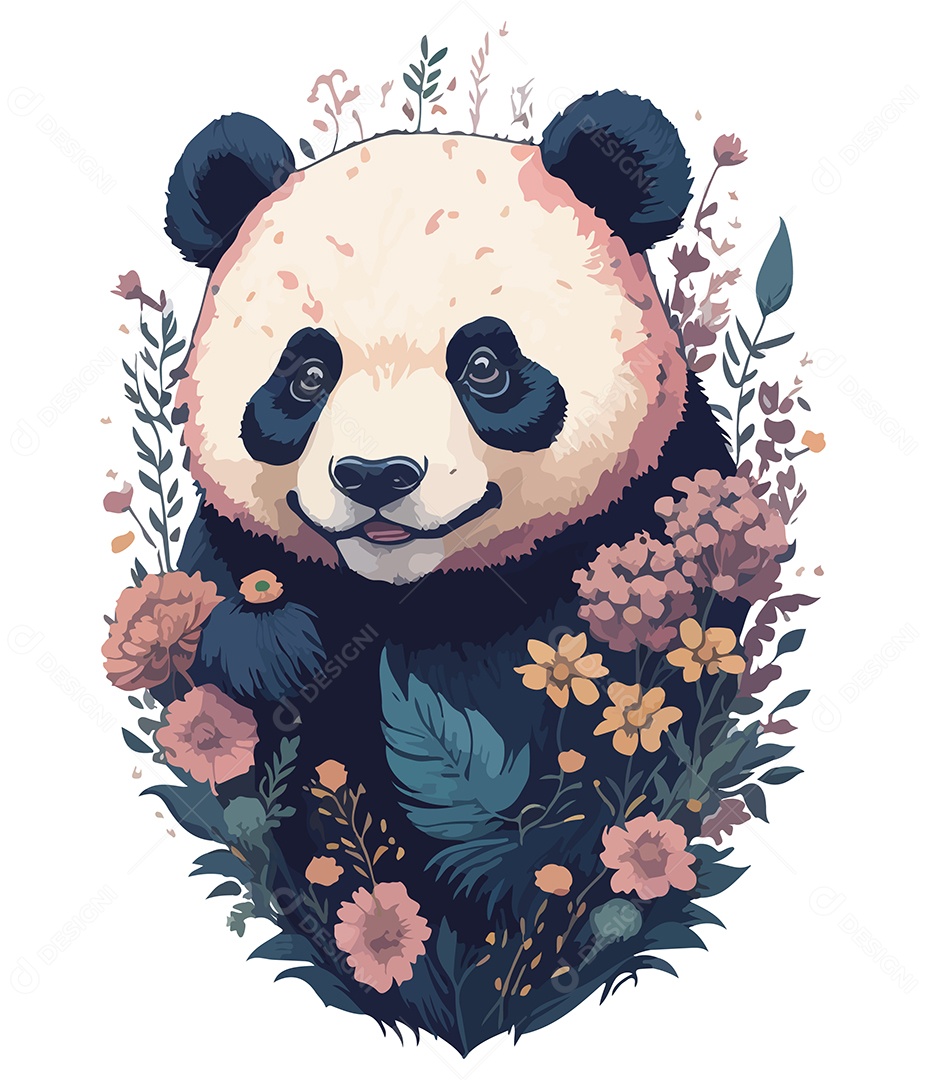 Ilustração 3D Urso Panda Com Flores EPS Editável