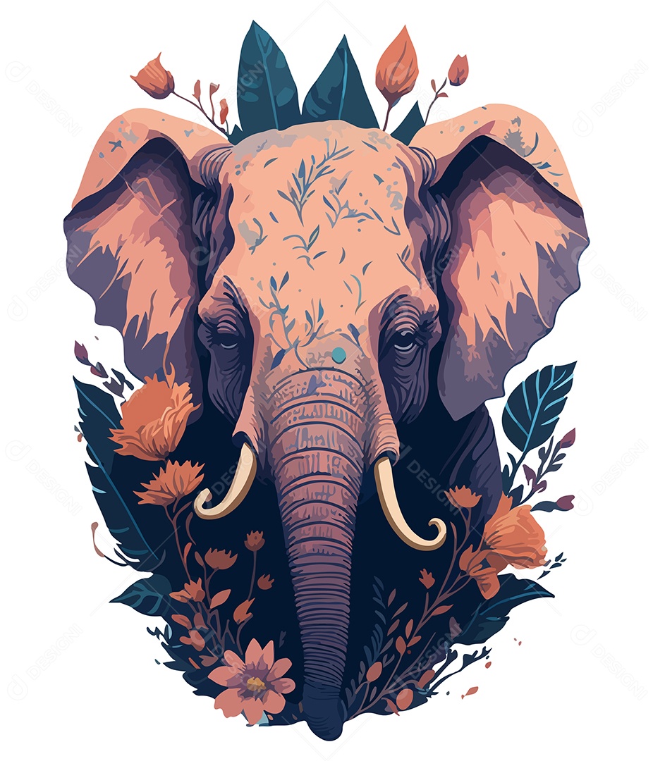 Ilustração 3D Elefante Com Flores EPS Editável