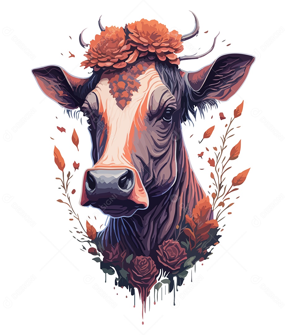 Ilustração 3D Vaca Com Flores EPS Editável