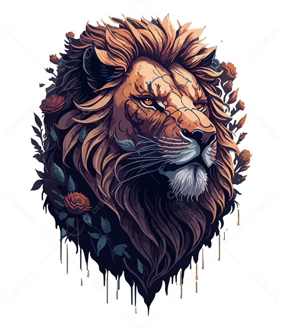 Ilustração 3D Leão Com Flores EPS Editável